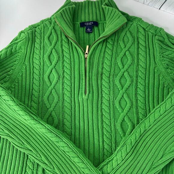 Y2K Ralph Lauren CHAPS Cableknit Green L Quarter Zip Preppy Classic Holiday - Picture 1 of 7